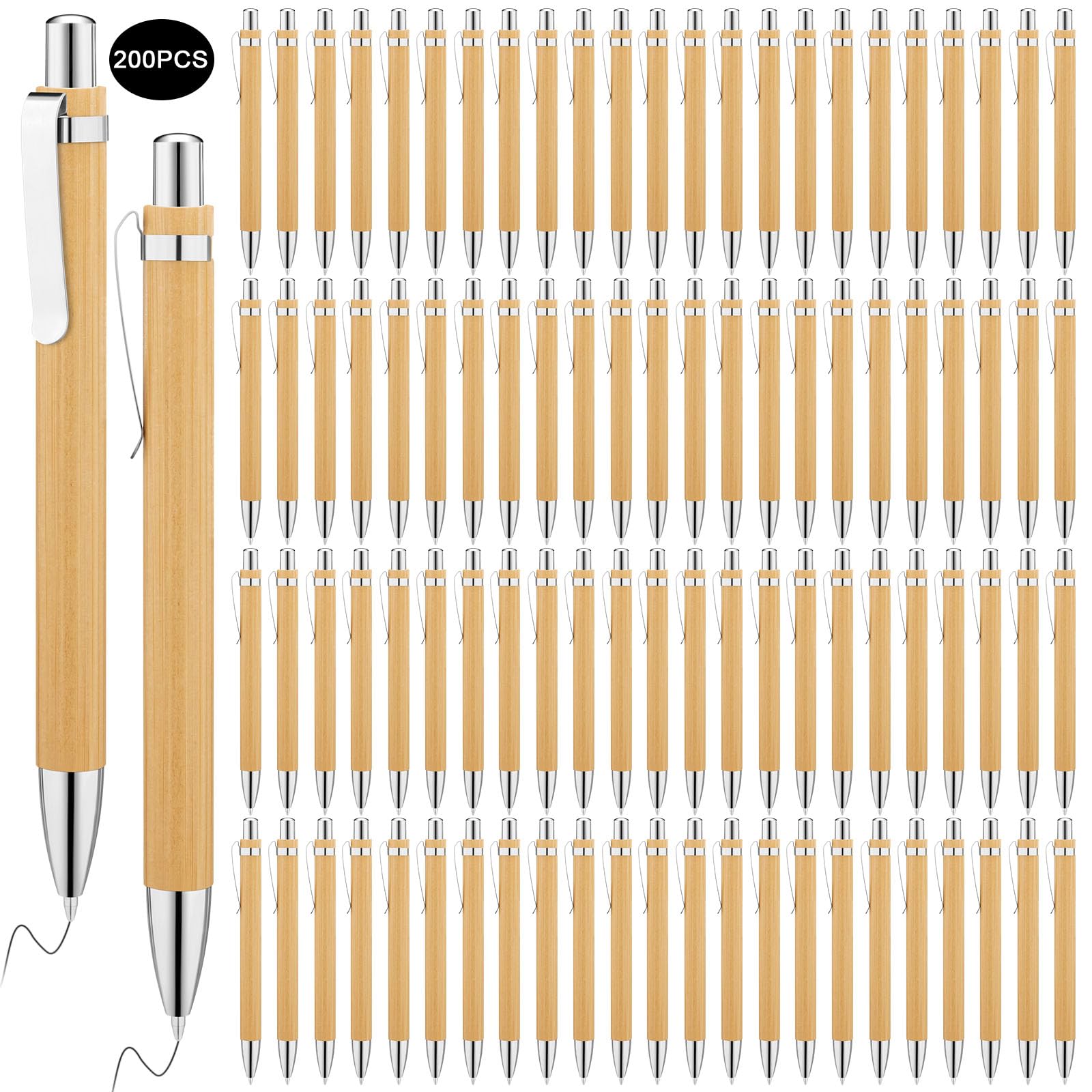 SATINIOR 200 Pcs Bamboo Pen Bulk Engraving Wooden Retractable Pen Ballpoint
