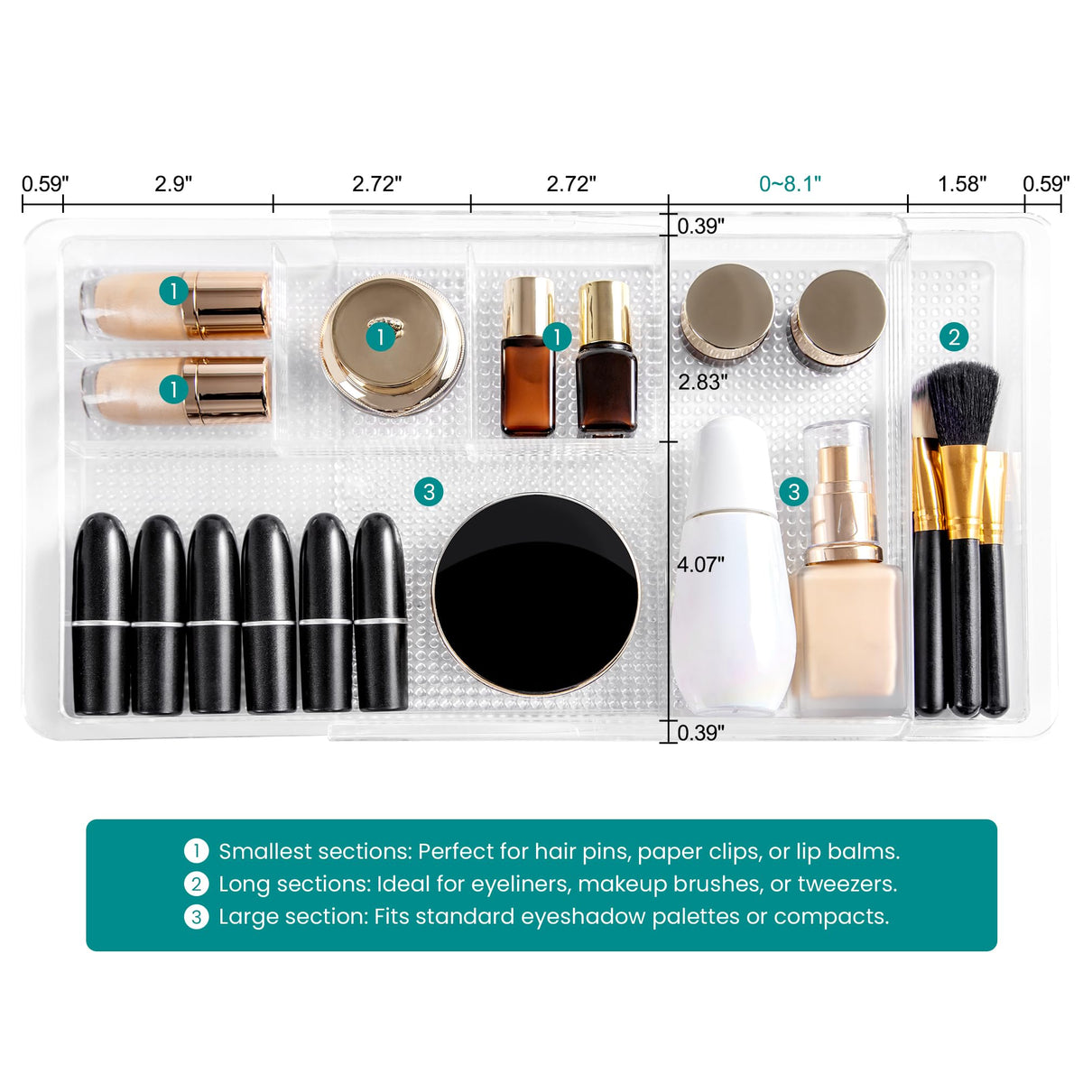 Oubonun Expandable Shallow Vanity Plastic Makeup Drawer Organizers, 4 Pack