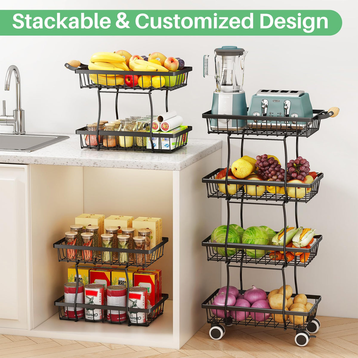 SAYZH 4-Tier Fruit Basket Stand with Vegetable Baskets for Kitchen, Black