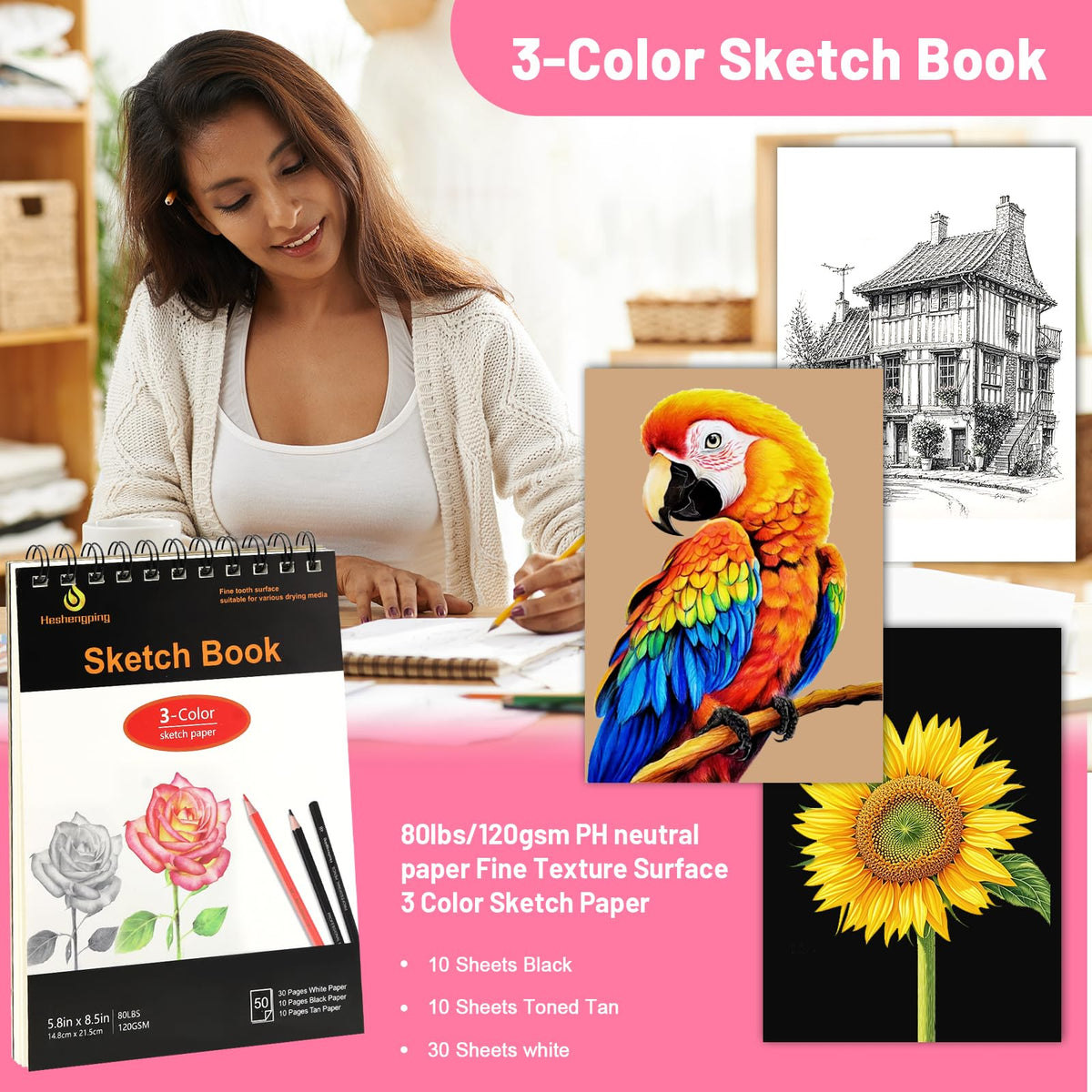 78pcs Drawing Kit Sketching Set Art Supplies with 3-Color Sketchbook Colorful Portable Case Colored