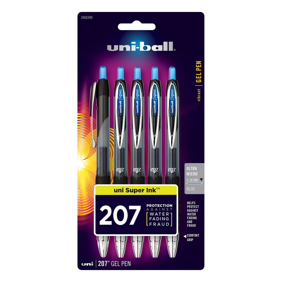 Uni-Ball Signo 207 Gel Pen 5 Pack, 0.38mm Ultra Micro Blue Pens, Gel Ink Pens | Office Supplies