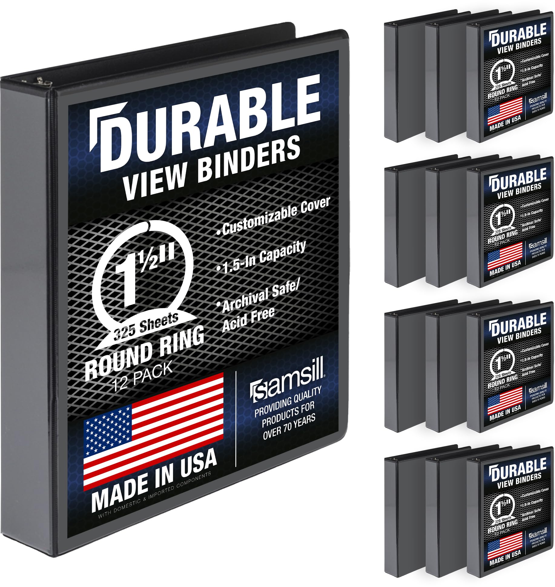 Samsill 12 Pack Durable 1.5 Inch 3 Ring Binders, Round Ring, Clear View Cover for Presentations