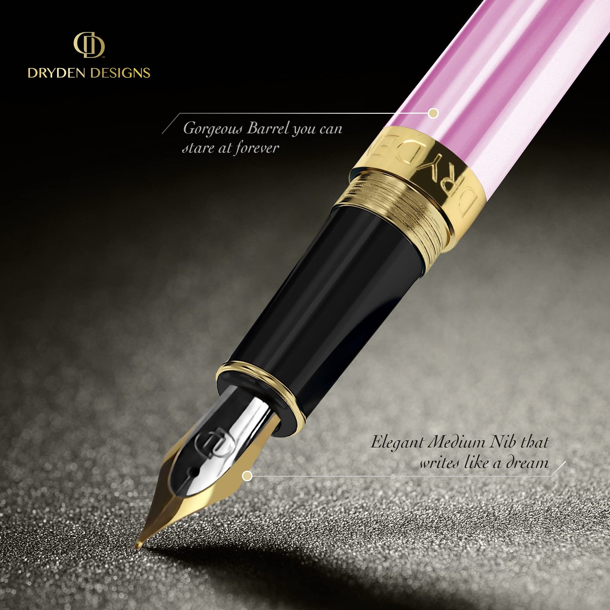 Dryden Designs Fountain Pen. Medium Nib Premium Box | 6 Ink Cartridges Included (Luscious Pink)