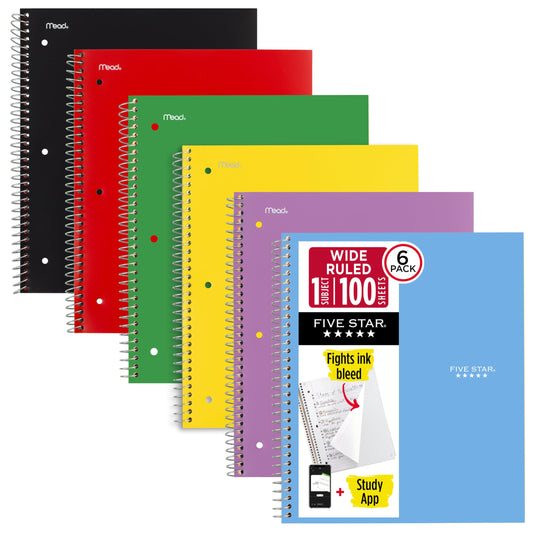 Five Star Spiral Notebook + Study App, 6 Pack, 1 Subject, Wide Ruled 8" x 10.5" Paper, 100 Sheets
