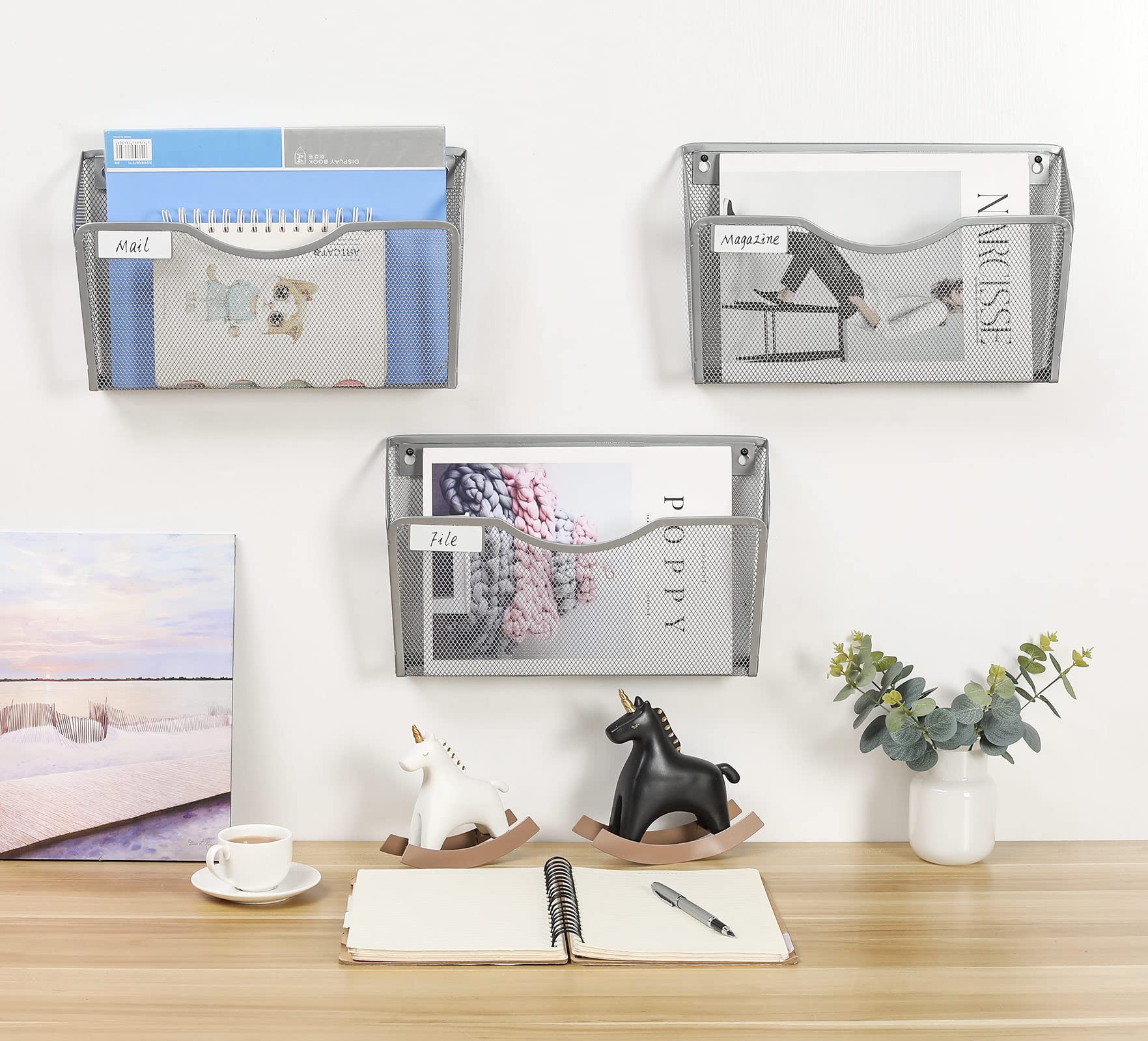 EasyPAG 3 Pack Wall File Organizer with Label Panel, Metal Mesh Hanging File Folder Holder for