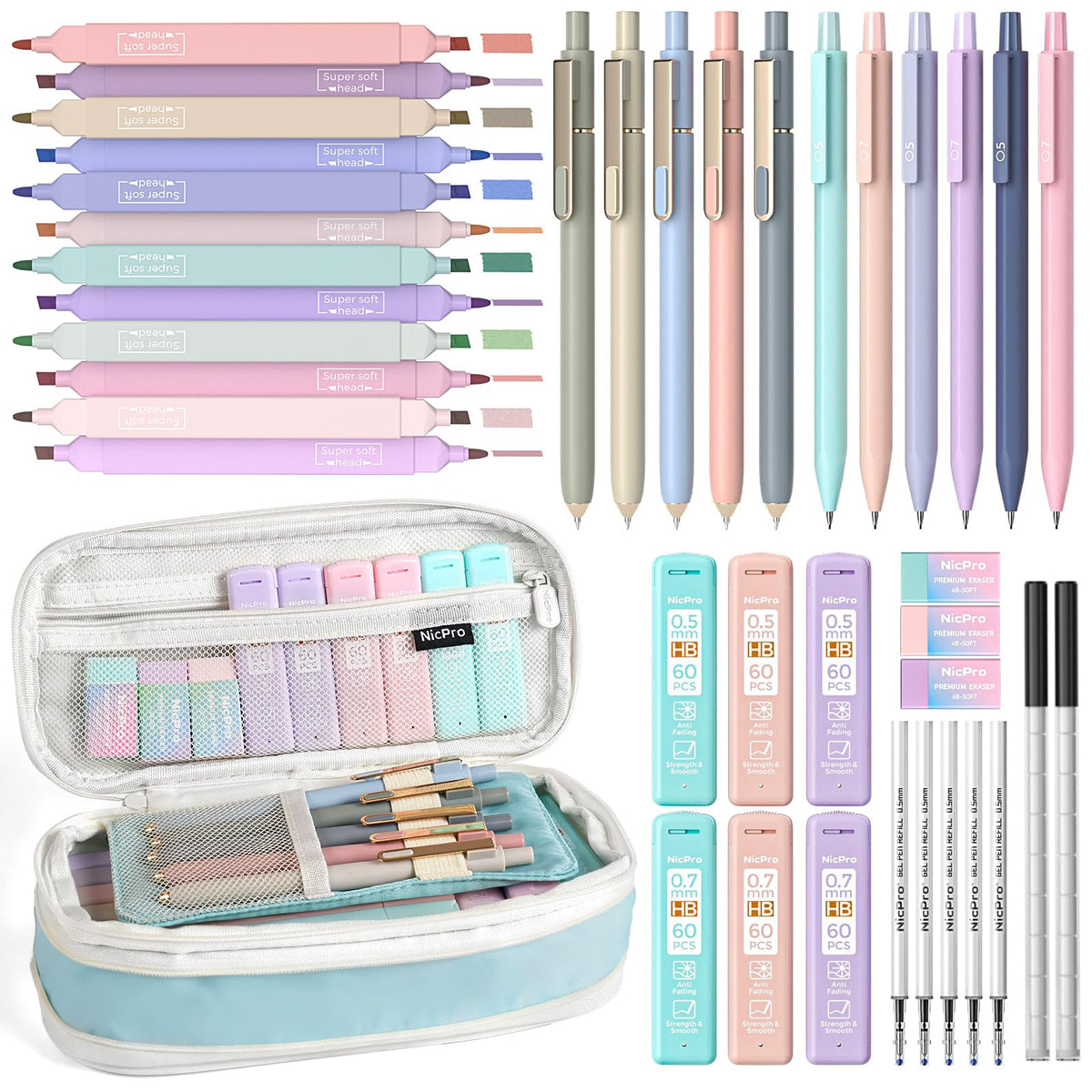 Nicpro School Supplies with Cute Pencil Case, 39 PCS Blue