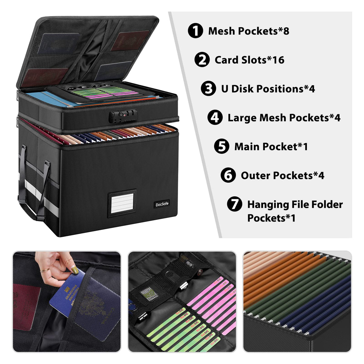 DocSafe File Box with Lock,Multi-Layer Fireproof Document Box Collapsible File Storage Organizer