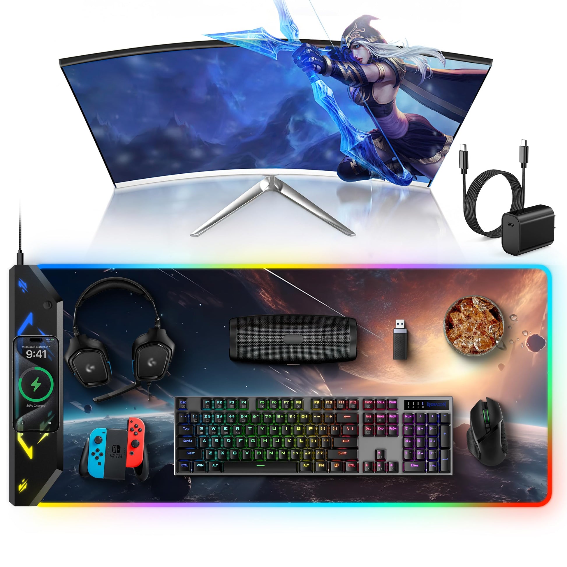 5-in-1 RGB Mouse Pad with Wireless Charging, Gaming Desk Mat, Cosmic Planet