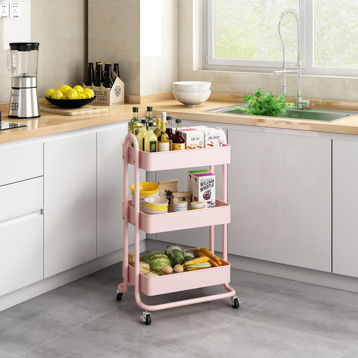 MIOCASA 3-Tier Metal Utility Rolling Cart, Heavy Duty Multifunction Cart with Lockable Casters