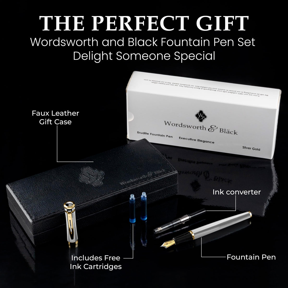 Wordsworth & Black Fountain Pen Set for Writing,Extra Fine Nib, Silver