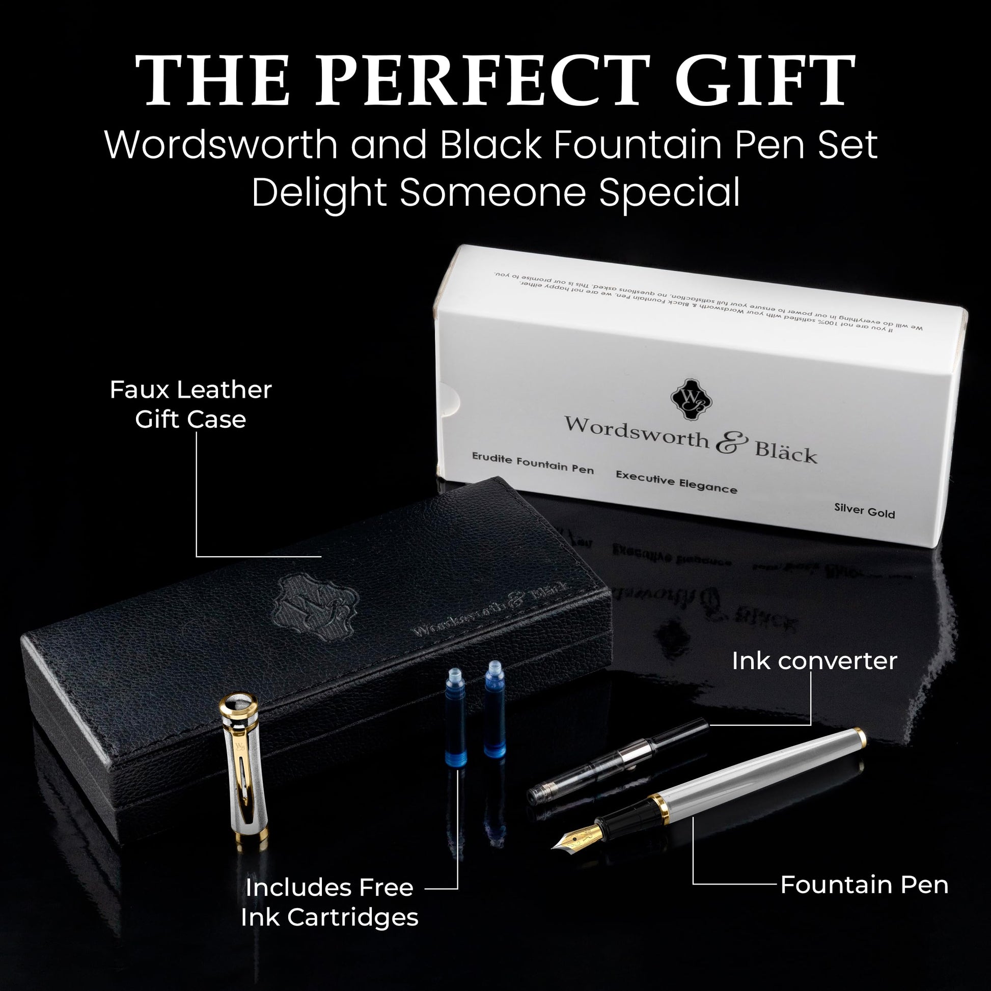 Wordsworth & Black Fountain Pen Set for Writing,Extra Fine Nib, Silver