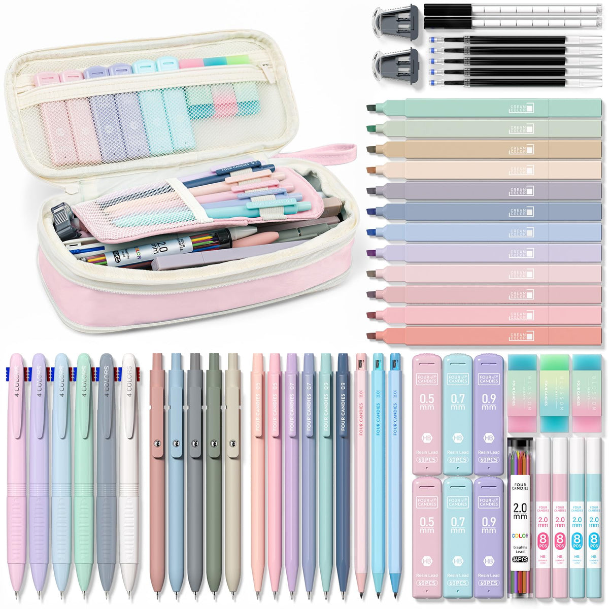 Four Candies 56PCS School Supplies with Pencil Case, Stationery Set, Pink