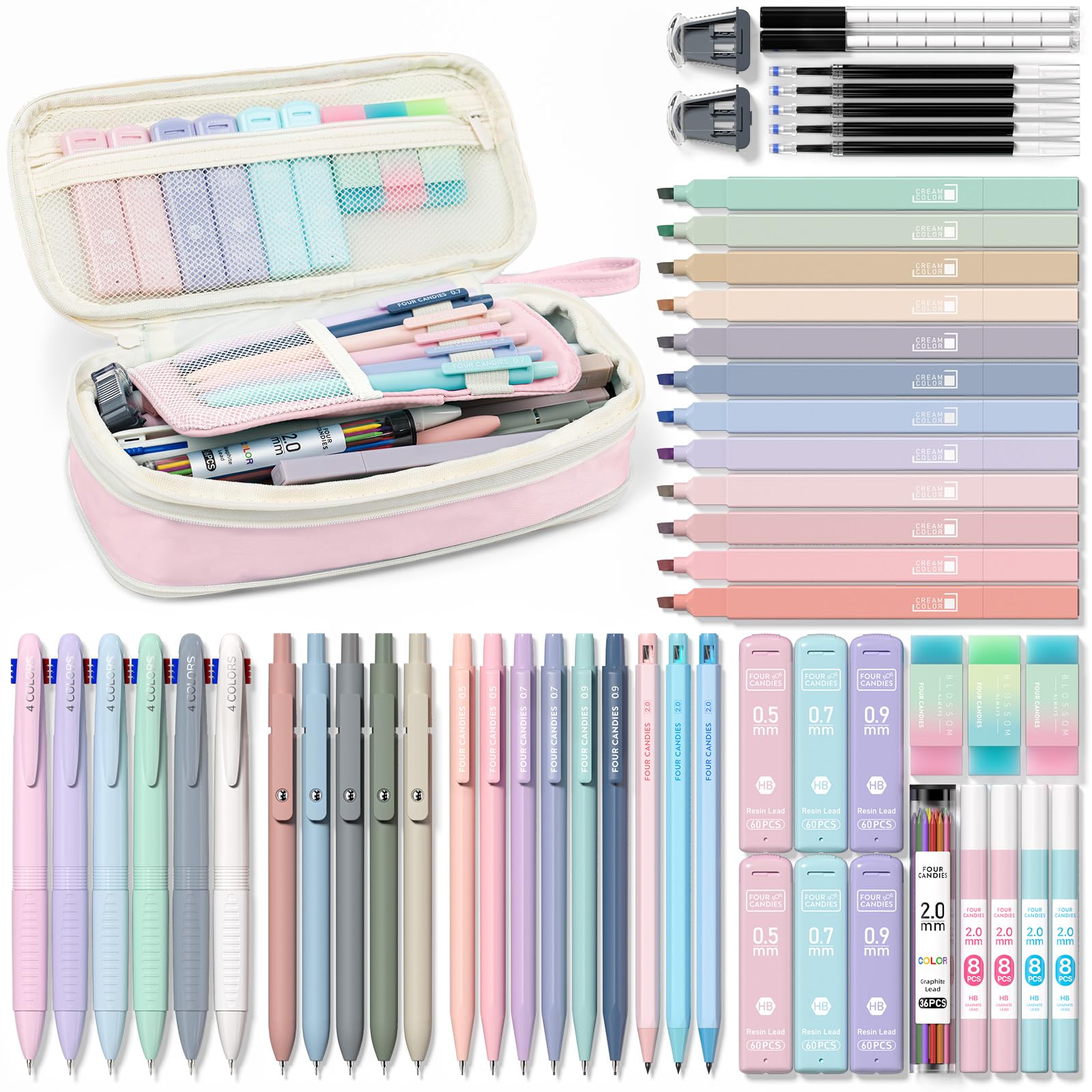 Four Candies 56PCS School Supplies with Pencil Case, Stationery Set, Pink