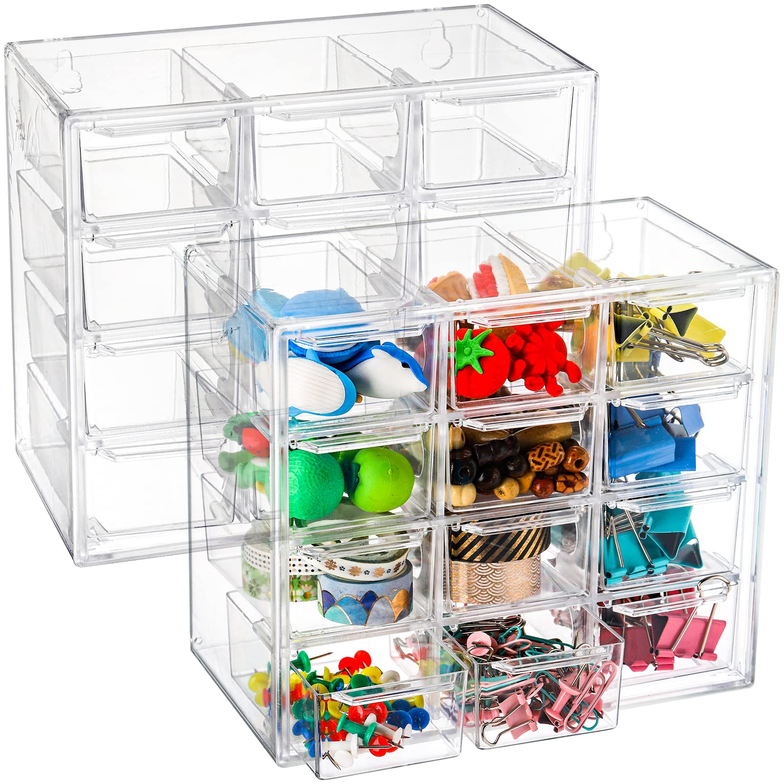 YOUEON 2 Pack Mini Desk Organizer with 12 Removable Drawers, Clear Plastic Desktop Drawer