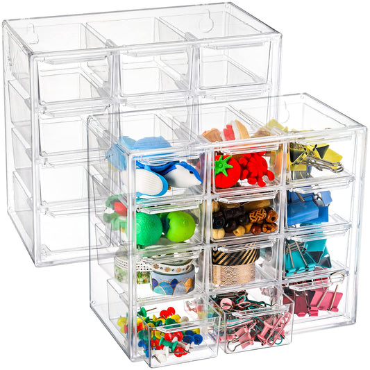 YOUEON 2 Pack Mini Desk Organizer with 12 Removable Drawers, Clear Plastic Desktop Drawer