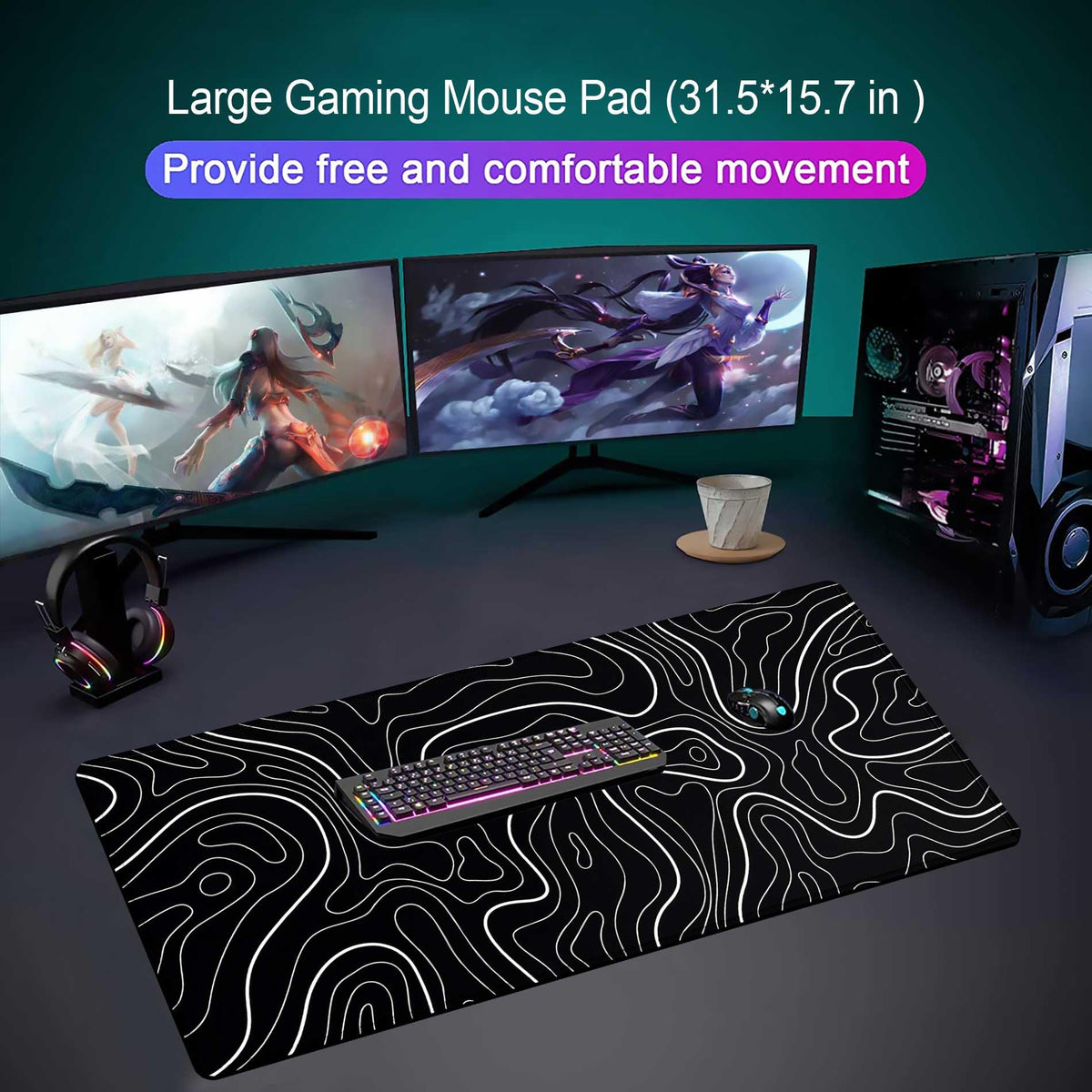 Large Mouse Pad, 31.5" × 15.7" Gaming Mousepad for Keyboard with Anti-Slip Rubber Base, Keyboard