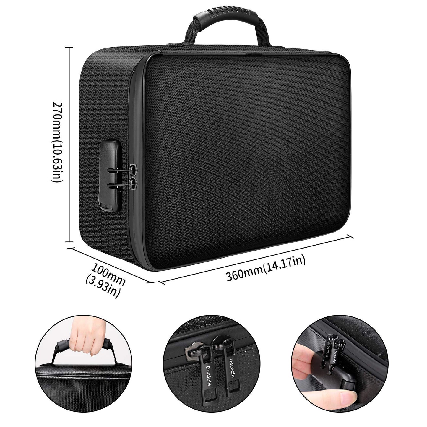 DocSafe Document Bag with Lock, Fireproof 3-Layer File Storage Box, Black