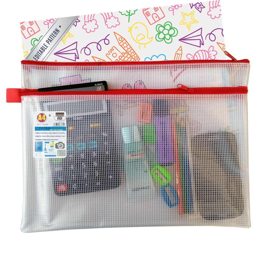 ARK A4+ Twin Pocket Tuff Bag School Waterproof Storage Strong Pencil Pen Case Zip Wallet (360x