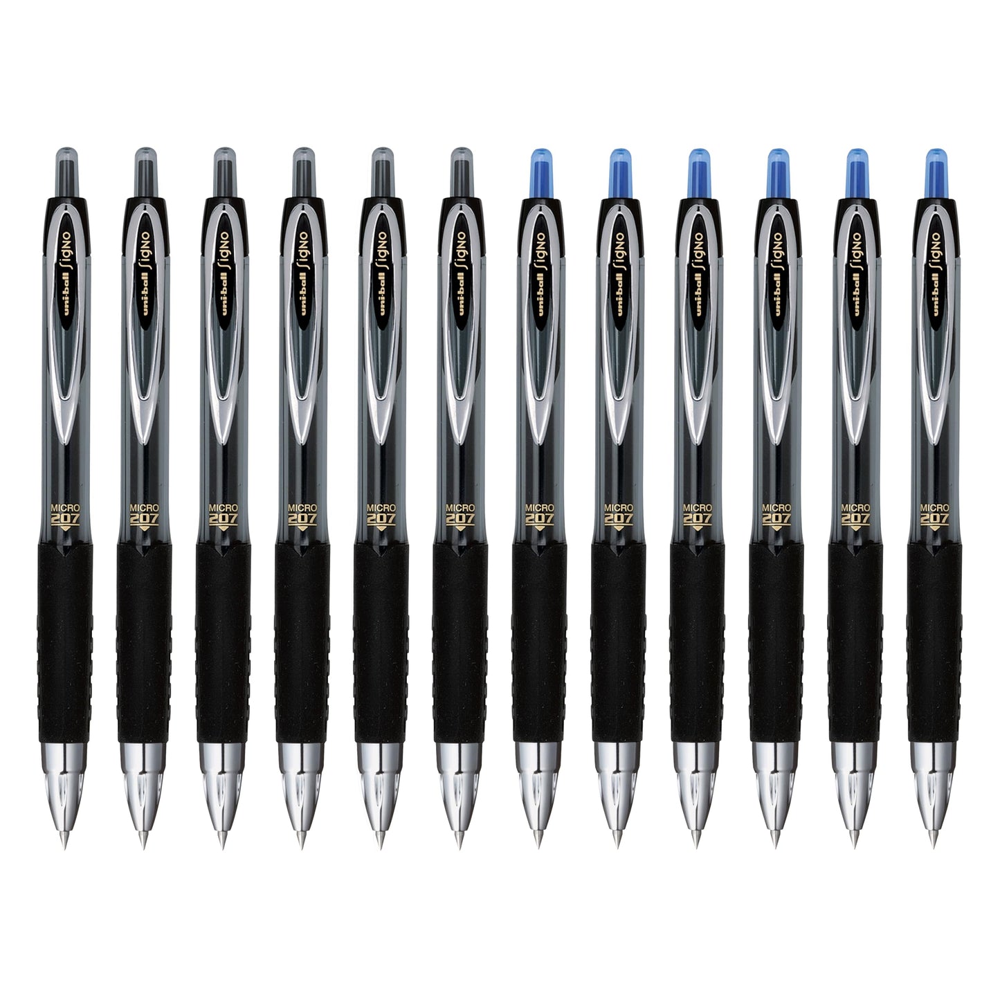 Uni-Ball Signo 207 Retractable Gel Pens, Micro Point, 0.5mm, Black & Blue Ink, 12 Pack (6 Black, 6