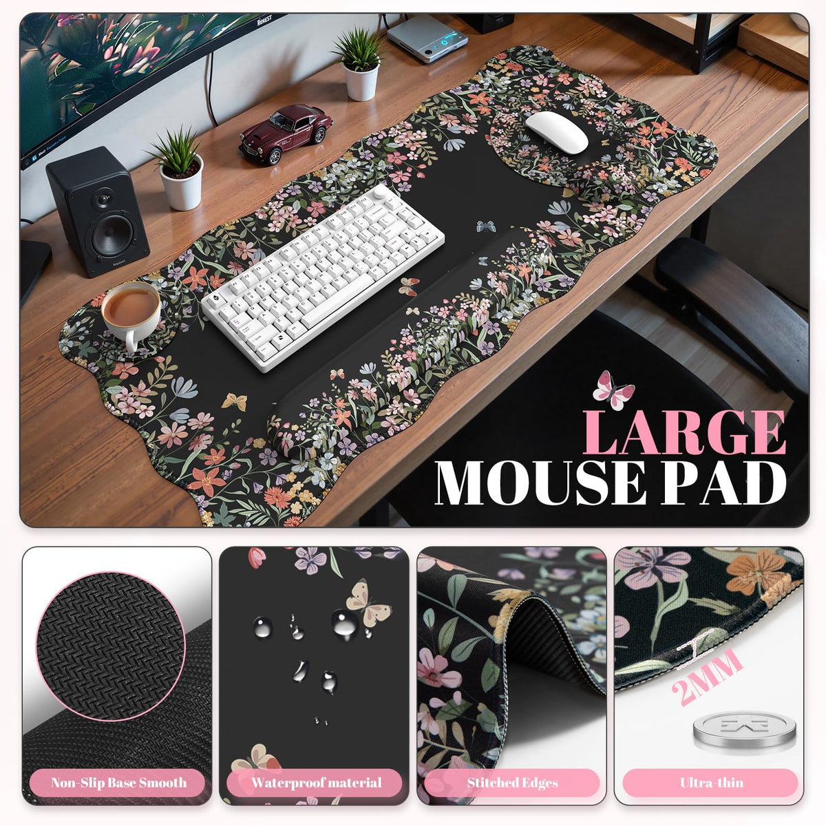 iCasso Black 4in1 Mousepad, 35.4"x15.7" Desk Blotter for Classroom