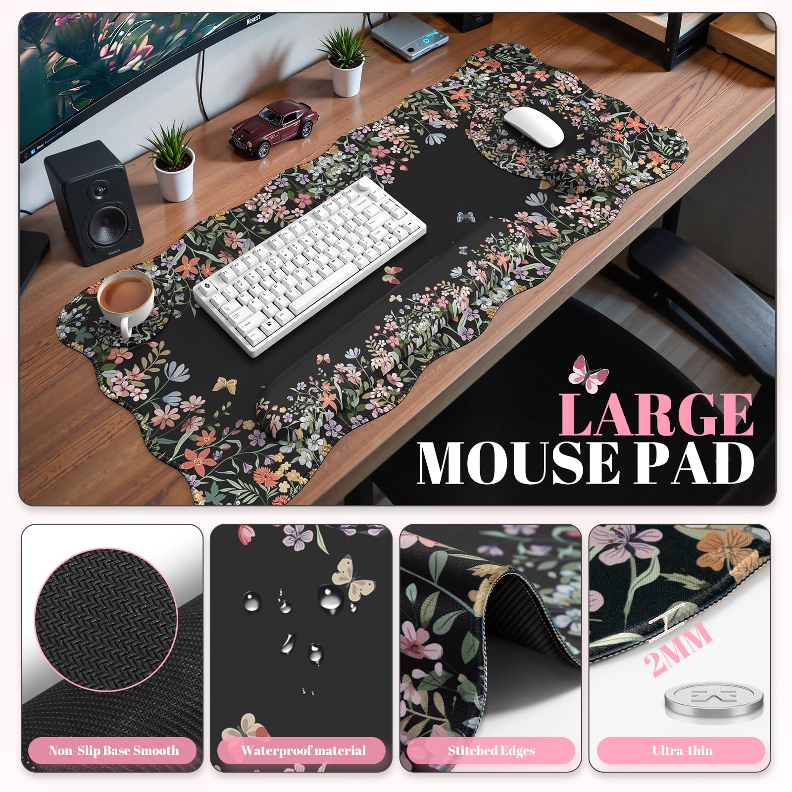 iCasso Black 4in1 Mousepad, 35.4"x15.7" Desk Blotter for Classroom