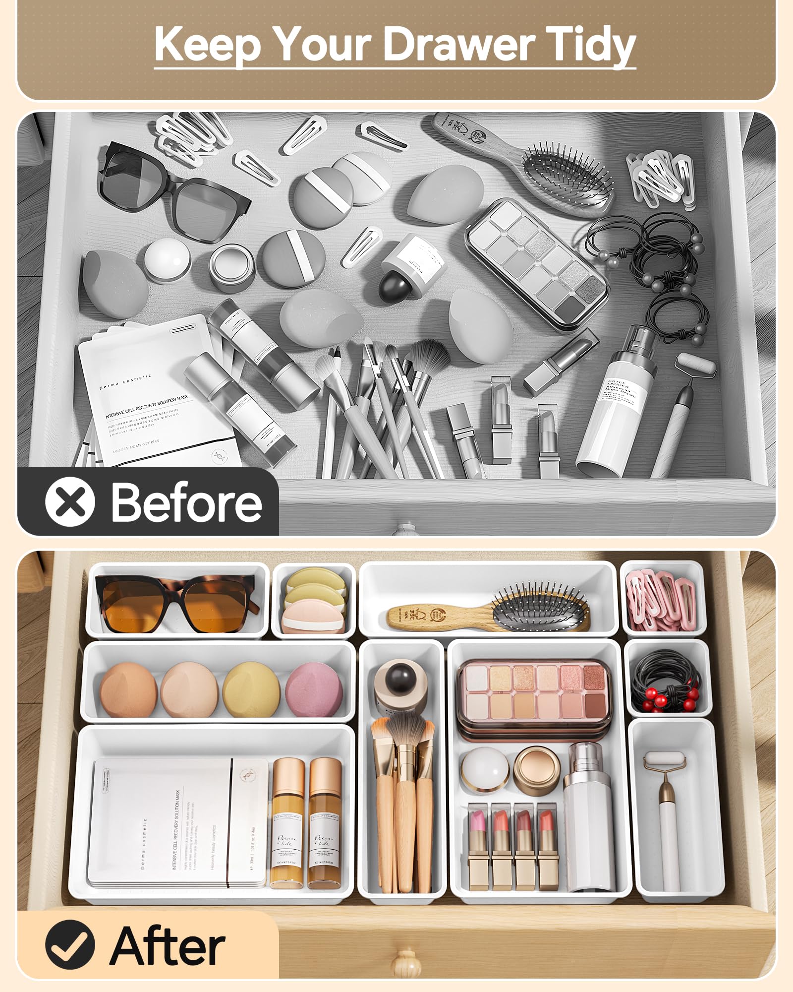 KEMETHY 25 PCS Plastic Drawer Organizers Set, 4 Sizes Vanity Organizer, Makeup and Desk Drawer