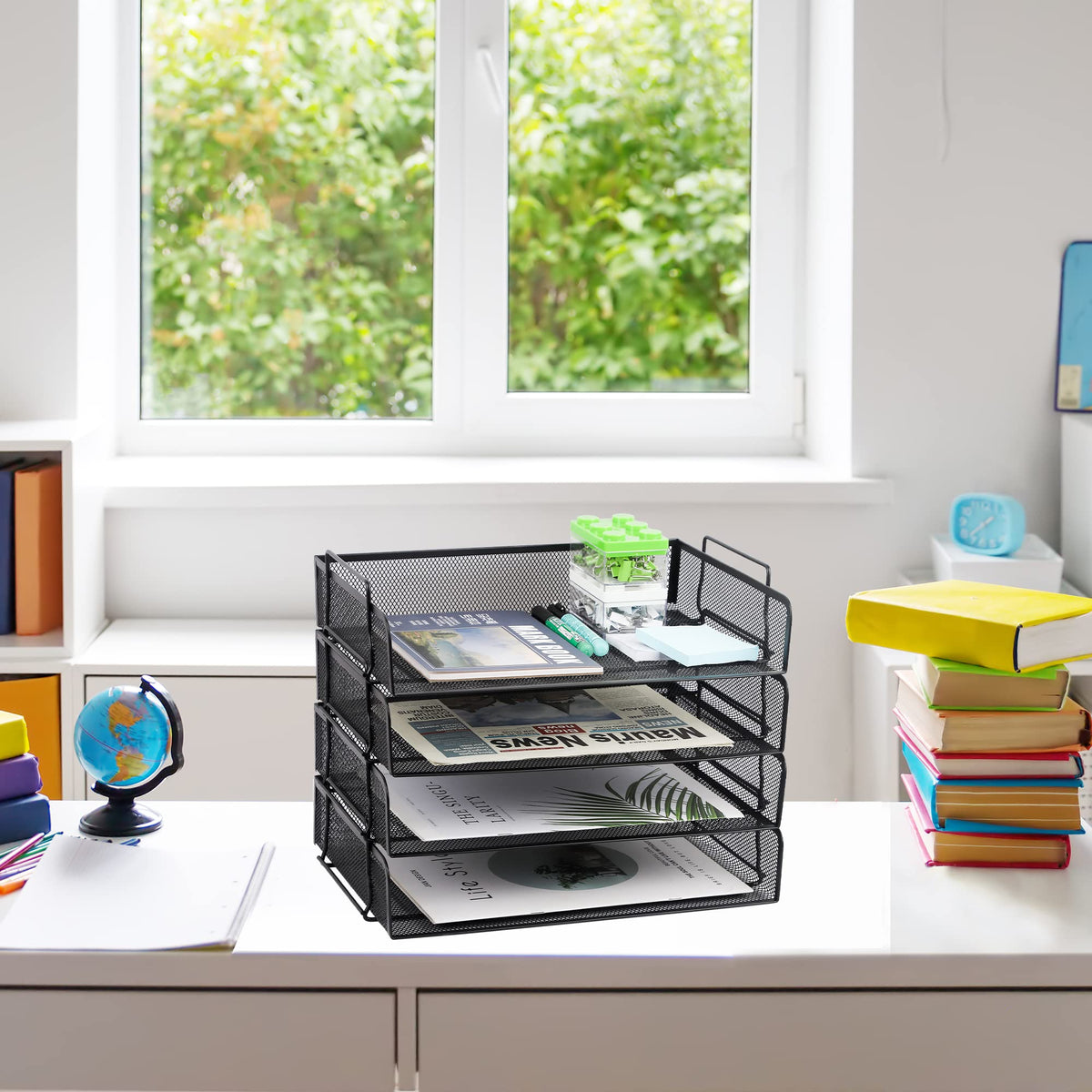 EASEPRES 4 Pack Stackable Desk Paper Tray, Metal Mesh Desktop Document Letter File Organizer for