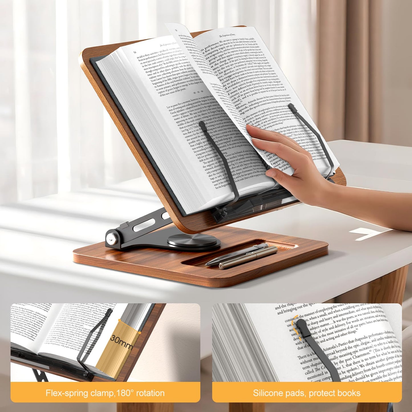 OPTIXCELL Book Stand for Reading, 360° Rotating Book Holder, Page Clips