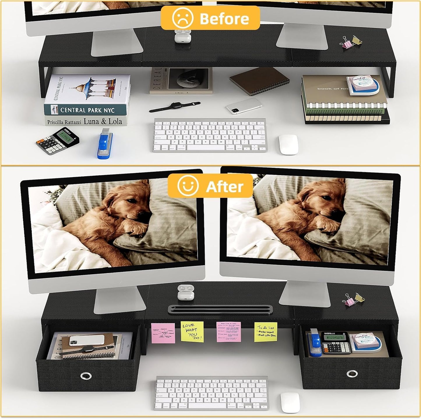 Mexin 39" Dual Monitor Stand Riser with 2 Storage Drawers, Carbon Fiber Computer Desk Organizer for