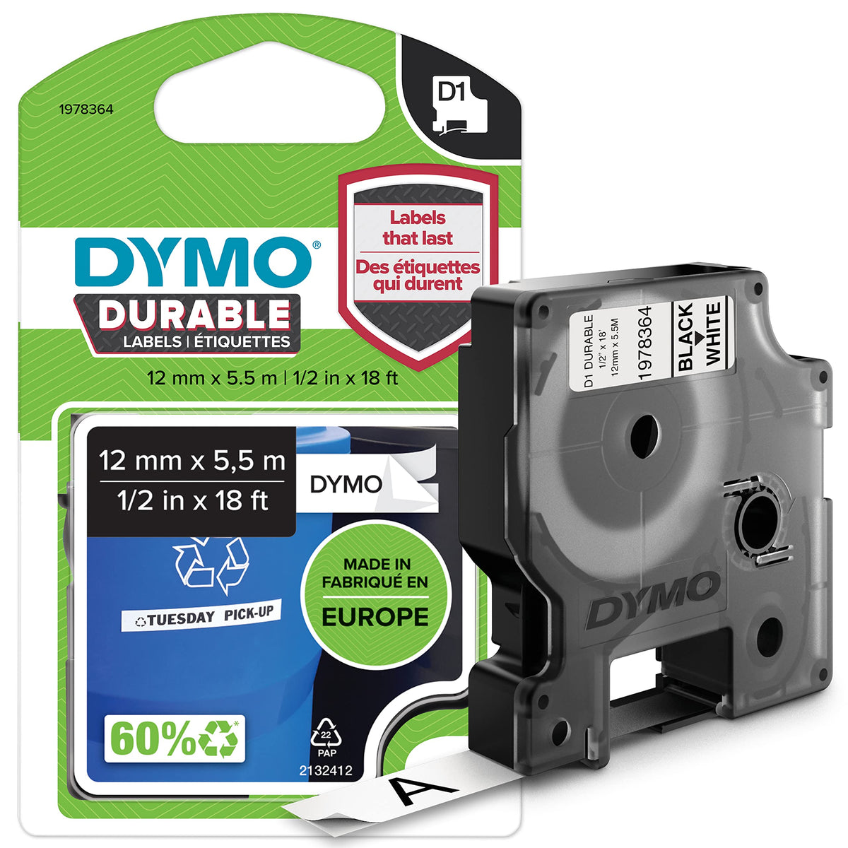 DYMO D1 Durable Labeling Tape for LabelManager Label Makers Black Print on White Tape 1/2" W x 18'