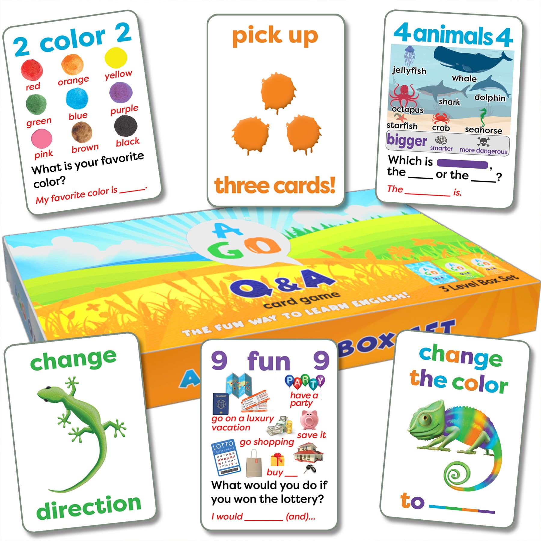 AGO QnA ESL Card Game for Learning English. 3 Level Box Set. Practice English Conversation Through