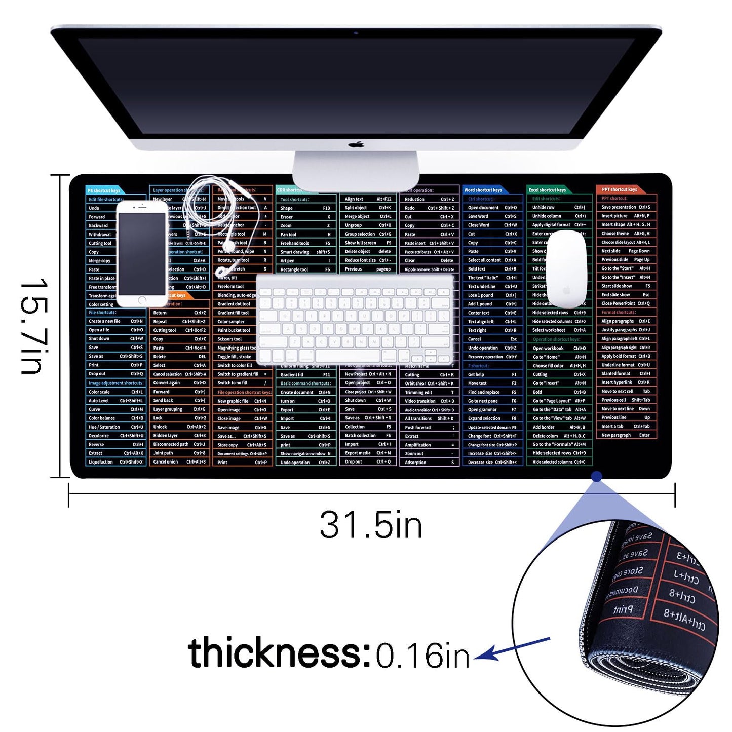 Quick Key XXL Mouse Pad with AI PS Shortcut, Desk Mat with Stitched Edge