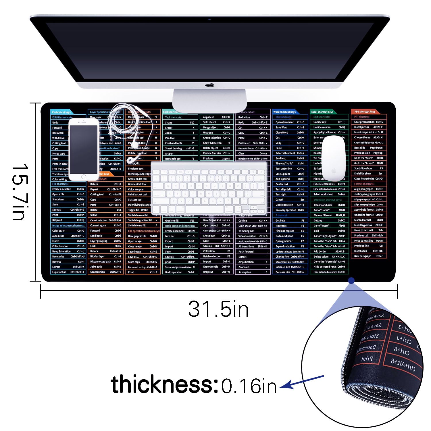 Quick Key XXL Mouse Pad with AI PS Shortcut, Desk Mat with Stitched Edge
