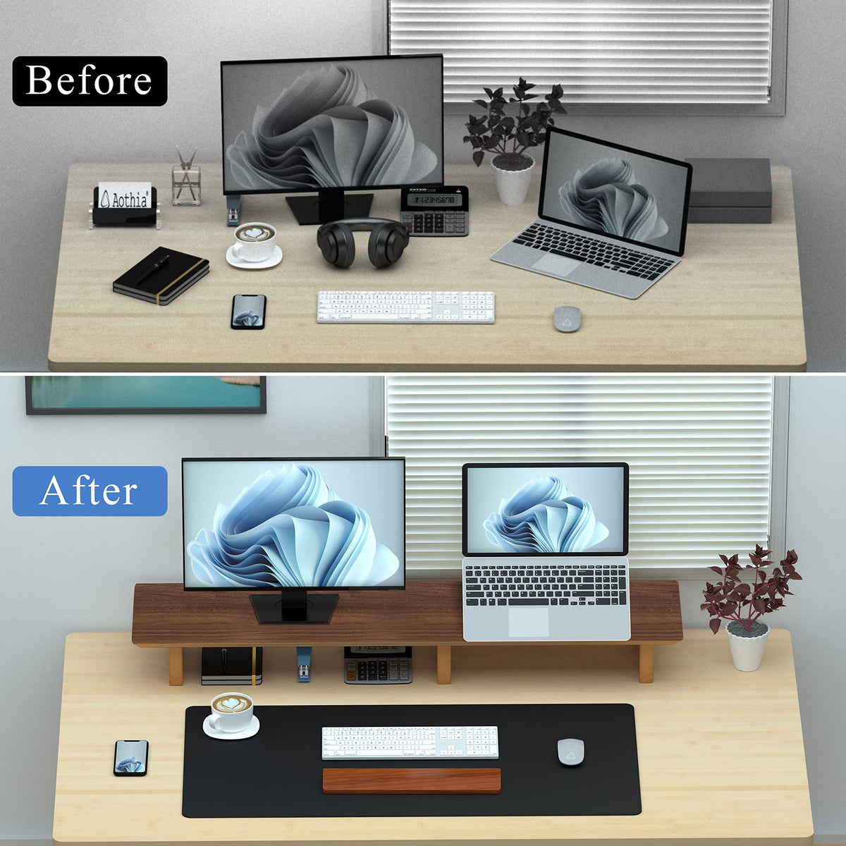 Aothia 43 inch Black Walnut Finish Dual Monitor Stand for Desk, Cork Legs