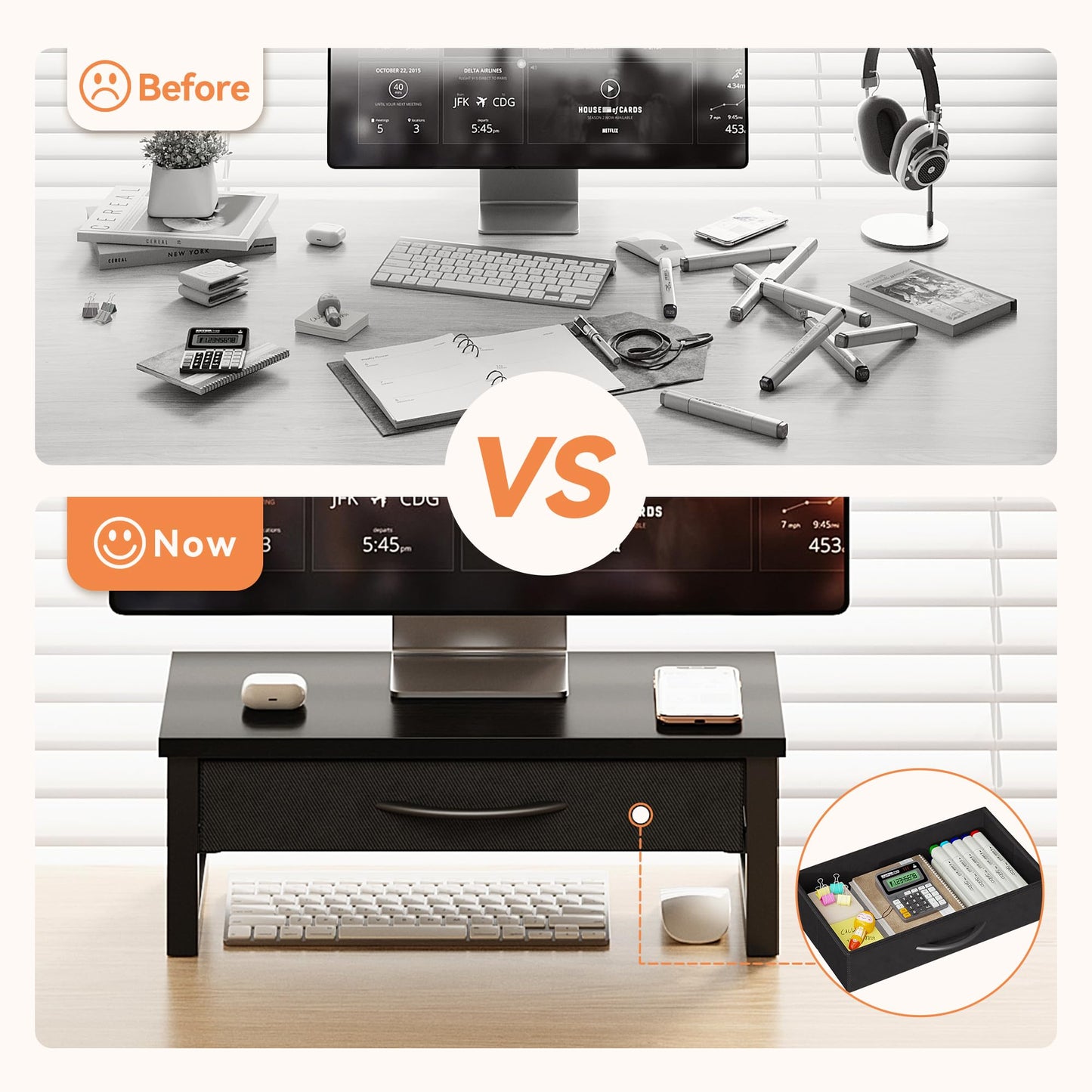 HEWORLIF Computer Monitor Stand Riser, Desk Organizers and Accessories with Drawer, 2-Tier Laptop