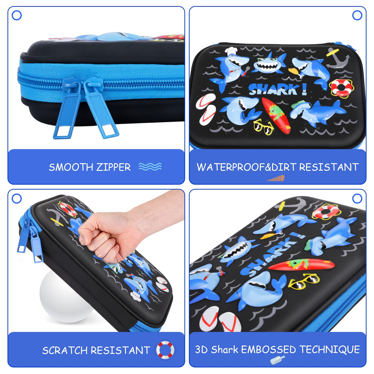 homicozy Pencil Case for Boys,Cool Shark Stationery Set for Kids,3D EVA School Pencil Box Organizer