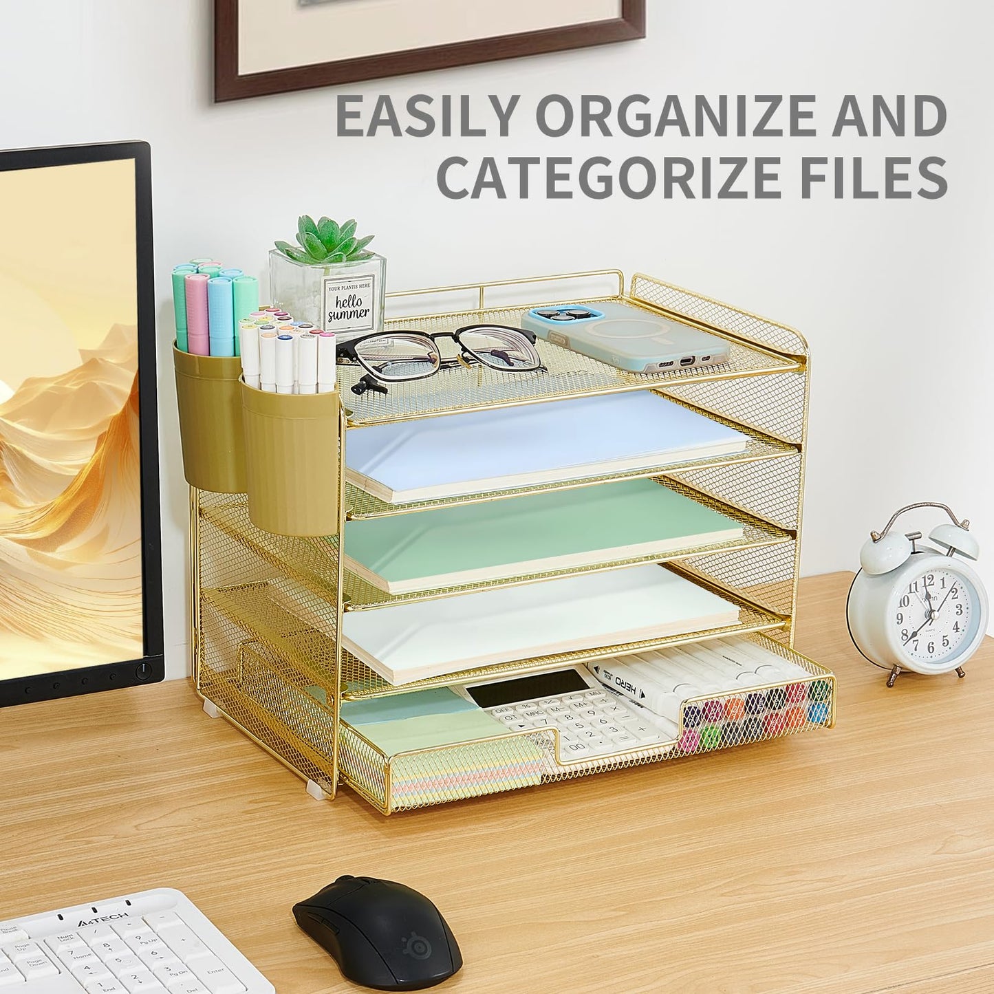 LEKETREE Desk Organizers and Accessories, 5-Tier Paper Letter Tray Organizer with Drawer & 2 Pen