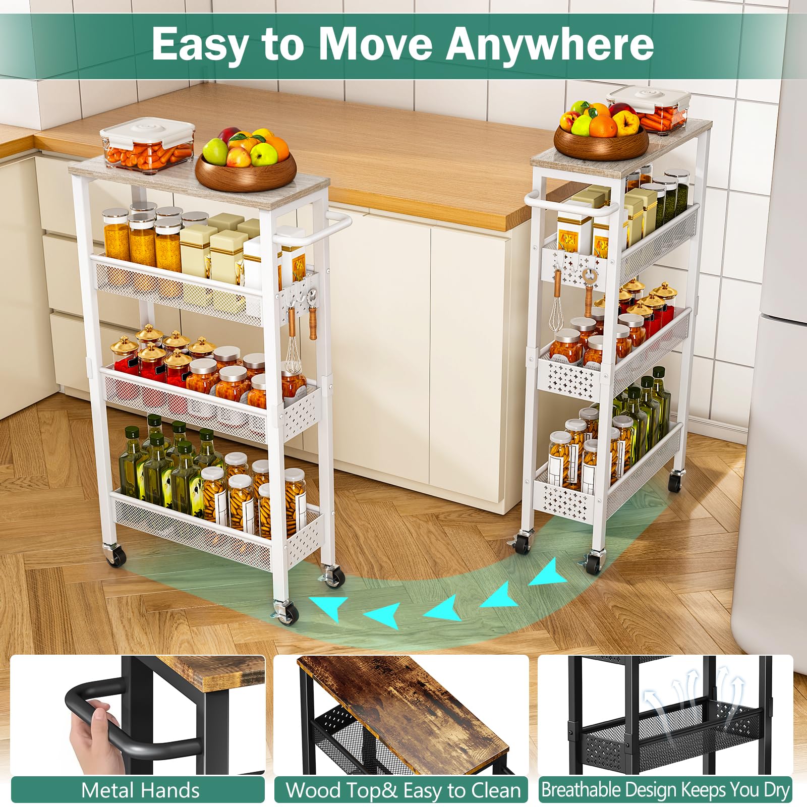Vivihomety 4-Tier Slim Utility Rolling Laundry Cart with Wheels, Metal