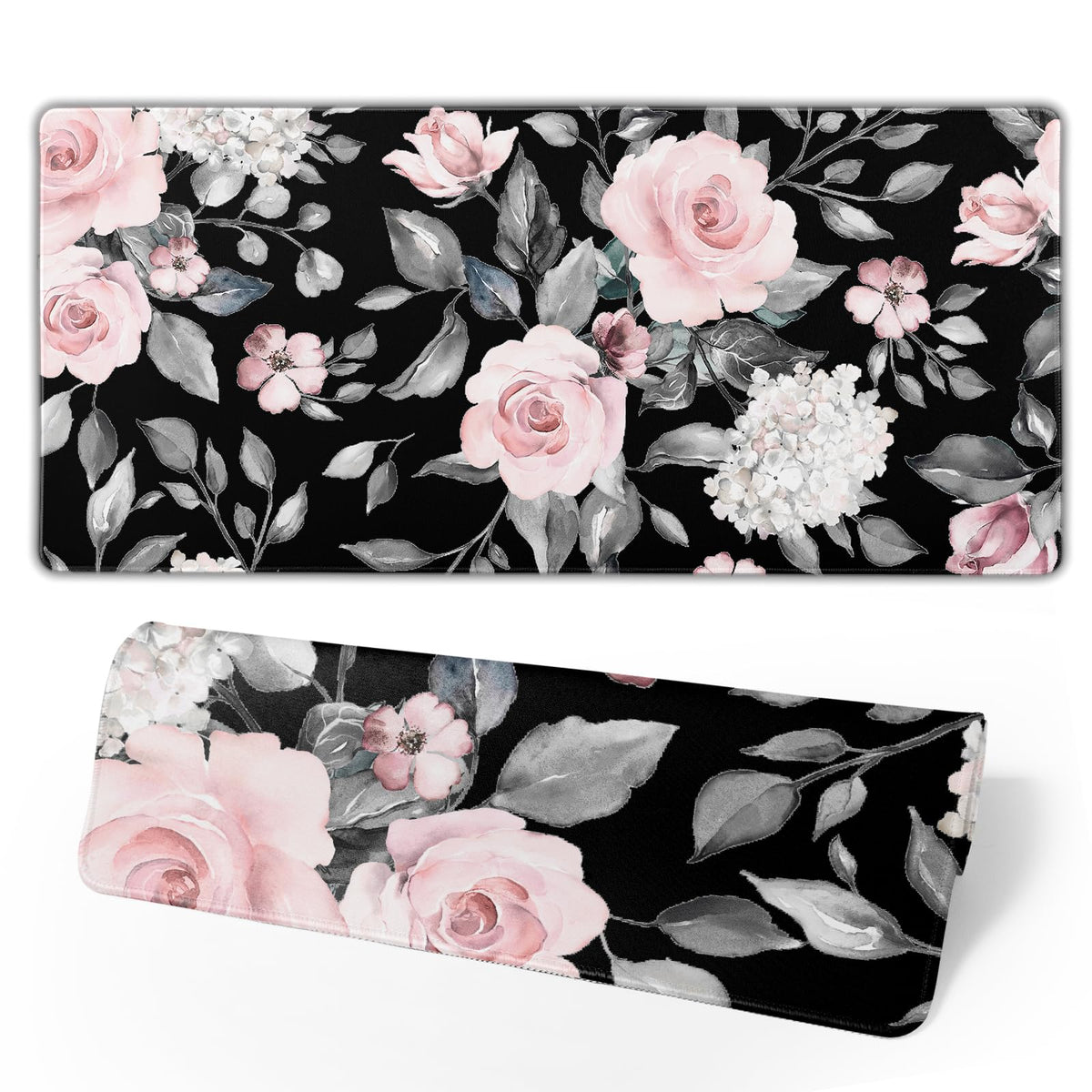 Floral Extended Gaming Mouse Pad Non-Slip Rubber Base Black Large Mousepad 31.5x11.8in with
