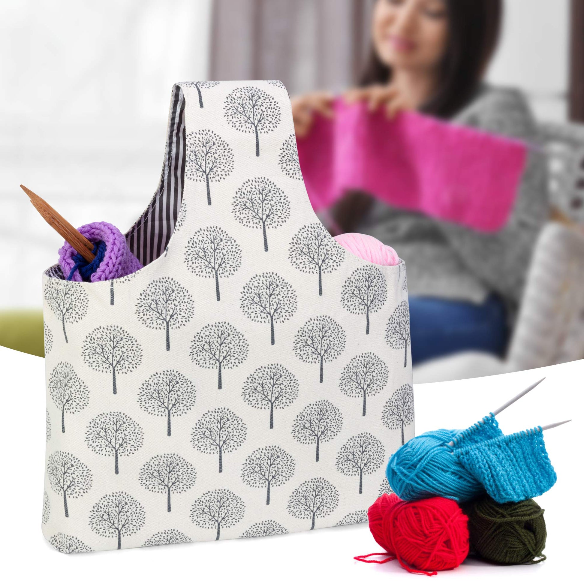 Teamoy Knitting Bag Tote, Travel Crochet Project Wrist Bag, Large, Tree