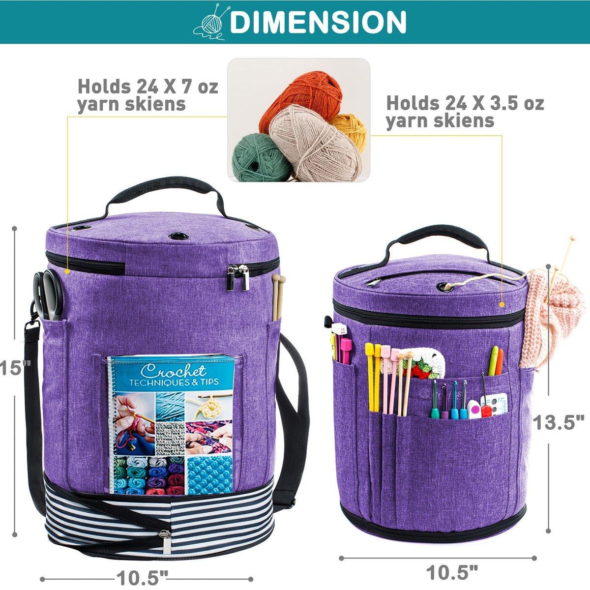 MYBAGZING Expandable Crochet Bag Organizer w/Yarn Grommets& Zipper Closure