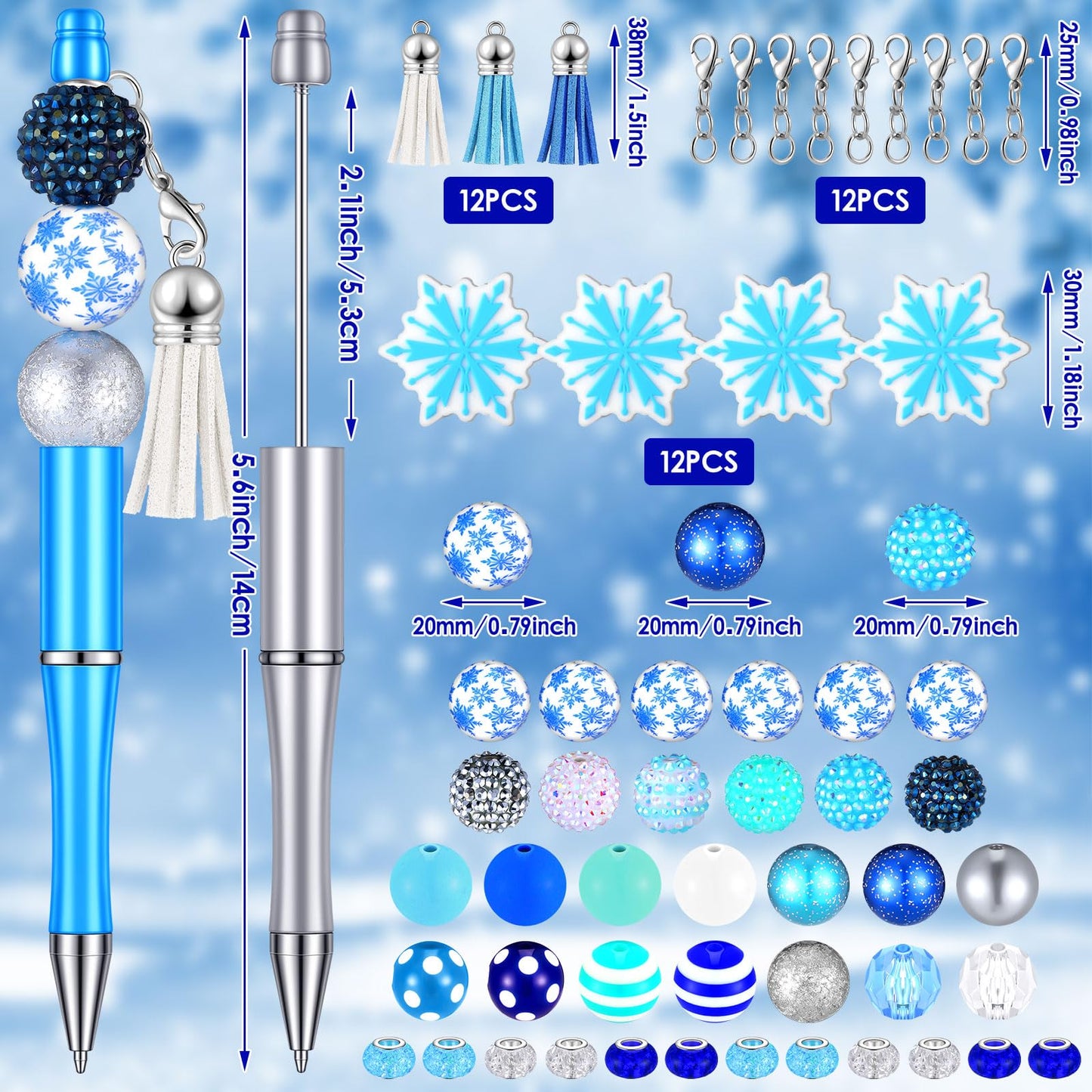 Jutom 12 Beadable Pens Kit 50 Beads 12 Tassels Snowflake Pendants