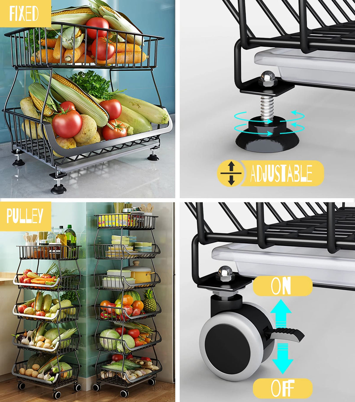 MURRI&MURRDI Fruit Vegetable Storage Baskets with Wheels, 6 Tier Stackable Wire Storage Baskets