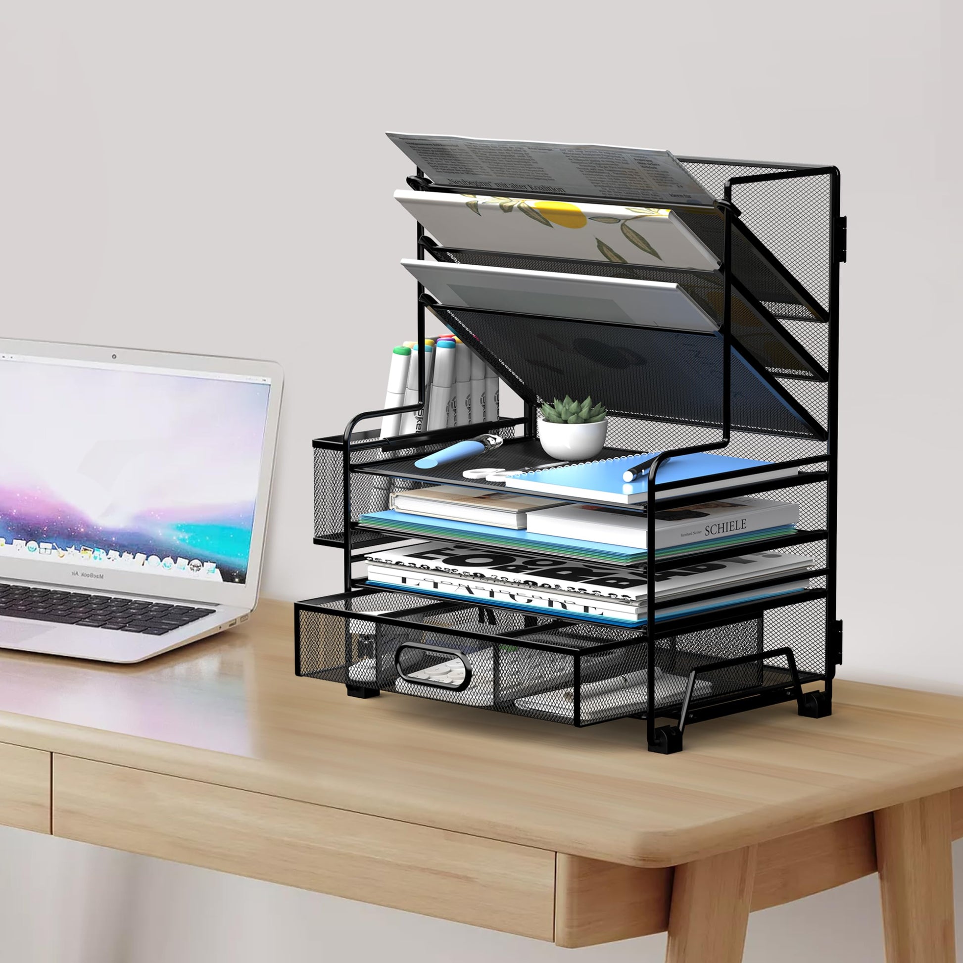 MINDEPOT 4-Tier Paper Organizer + 3-Pocket File Holder + Drawer + Pen Holders, Desktop File
