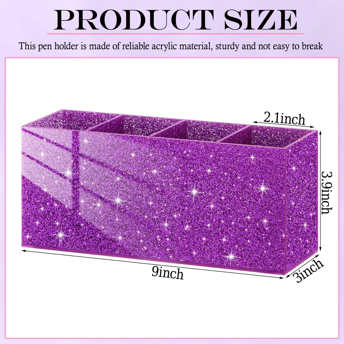 Jetec Acrylic Pen Holder for Girl Desktop, 4 Compartments, Sparkly Purple