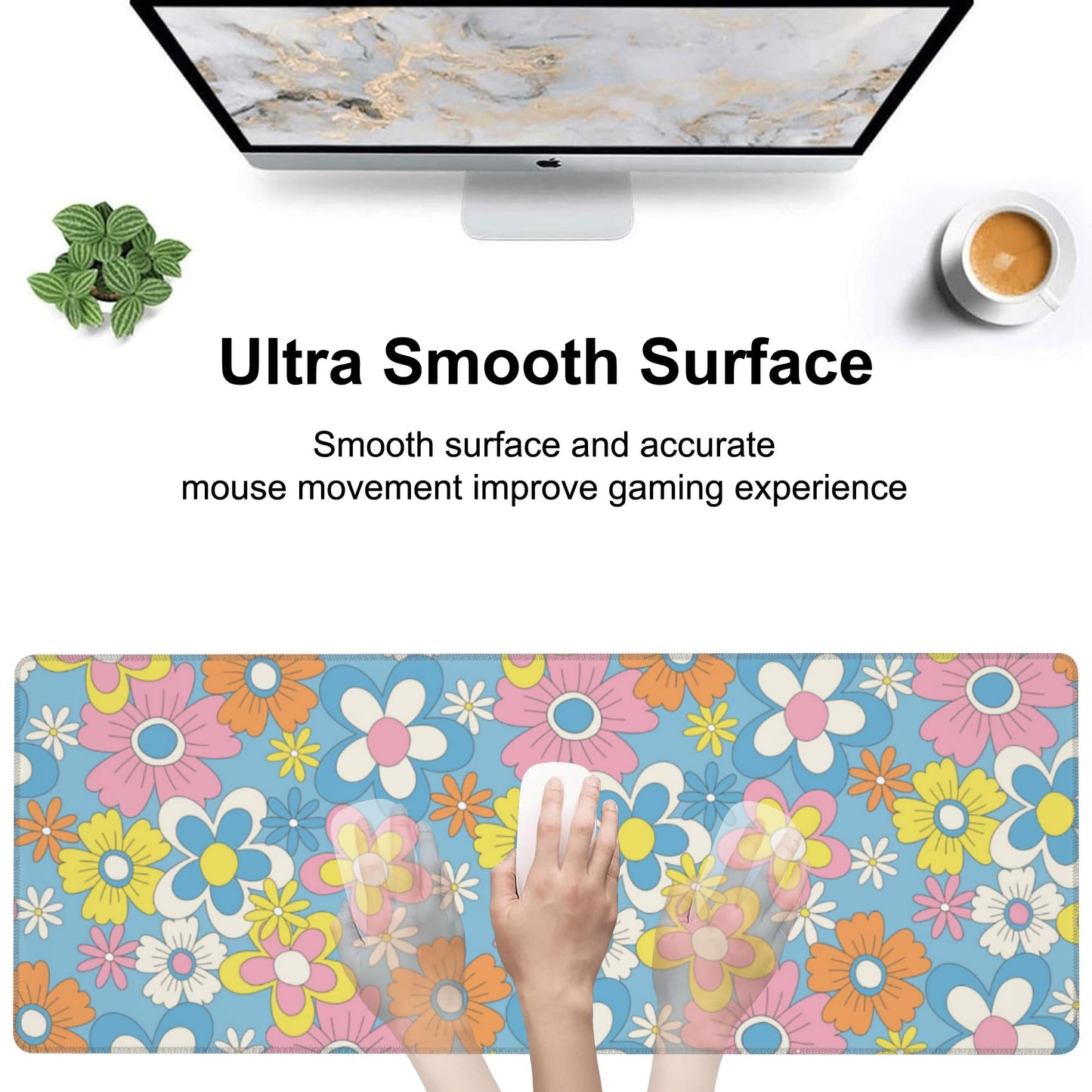 Colorful Retro Flowers Desk Mat,Large Cute Floral Gaming Keyboard Mouse Pad,Non-Slip Rubber Base