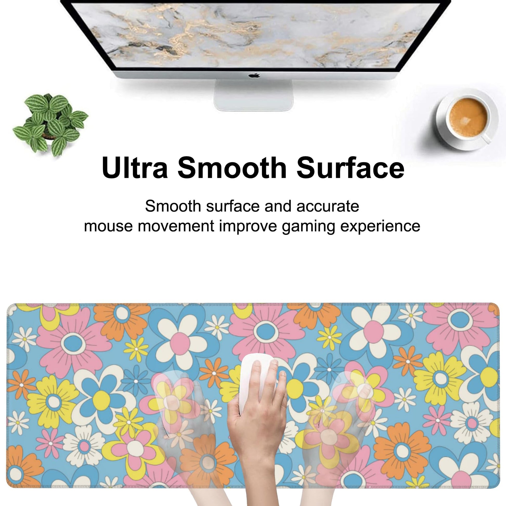 Colorful Retro Flowers Desk Mat,Large Cute Floral Gaming Keyboard Mouse Pad,Non-Slip Rubber Base
