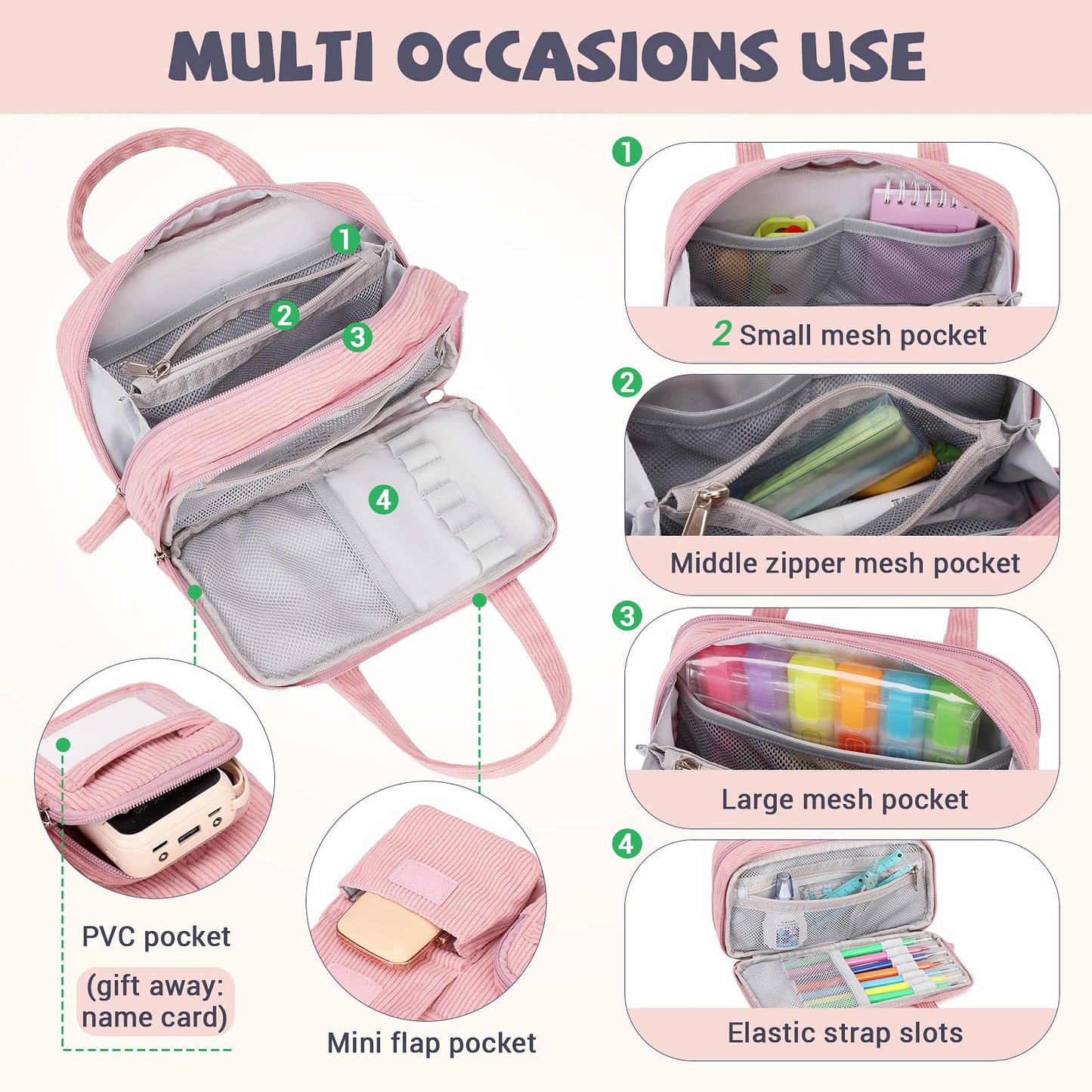 QIXIHU Pencil Case Corduroy Multiple Compartments Pouch Bag for Girl, Pink