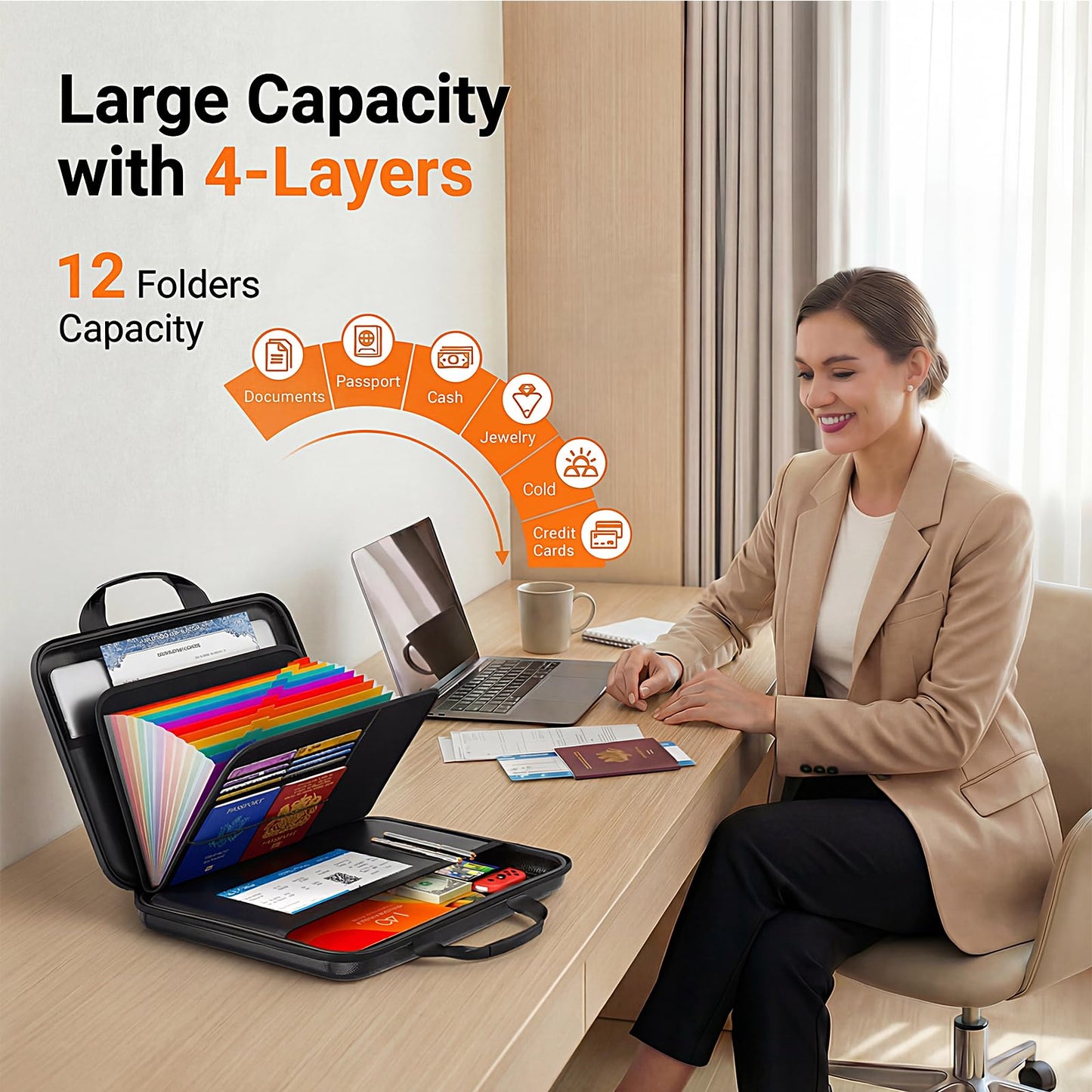 IPYIPY Fireproof Document Organizer with Lock, Semi-Rigid EVA Shell File Box with 13-Pocket