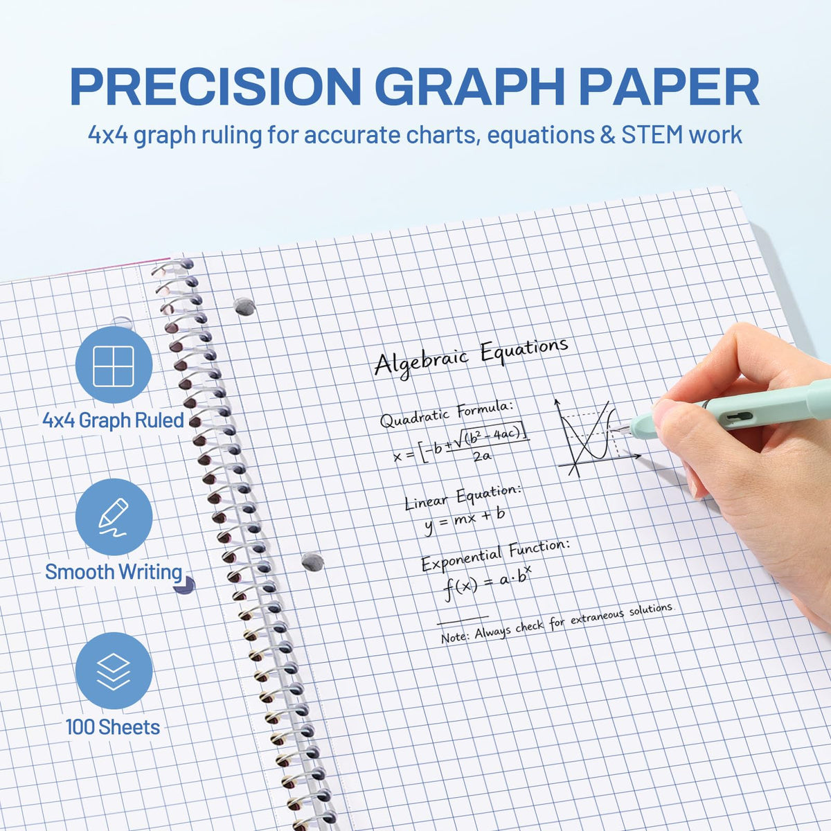 SUNEE Spiral Notebook, 1-Subject, Graph Ruled Paper, 8" x 10-1/2", 100 Sheets per Notebook, 3-Hole